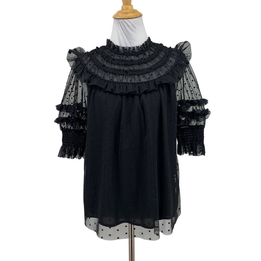 Boden Blouse Womens 8 Black Swiss Dot Tulle Overlay Smocked Gothic Ruffle Neck